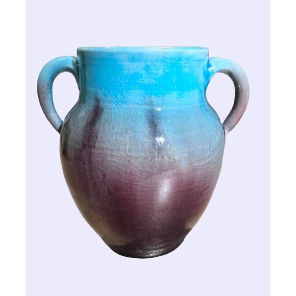 Vintage Pisgah Forest 2 handled Vase turquoise and maroon - Picture 1 of 12